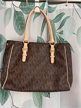 Michael Kors Brown MK Logo Tote with Beige Trim and Handles